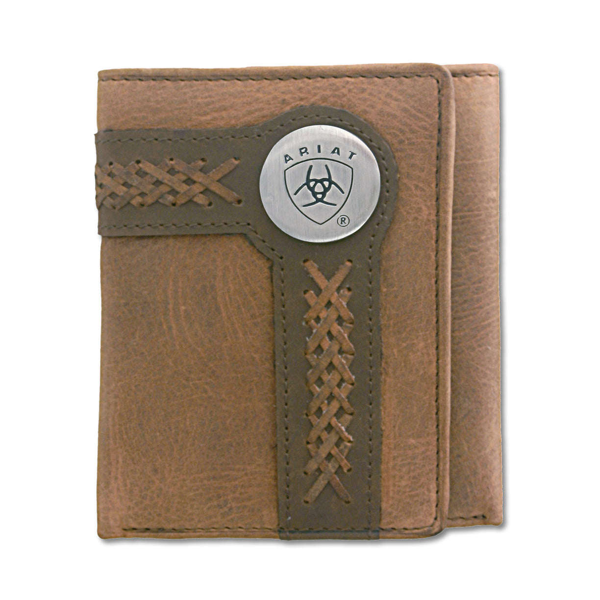 Brown leather wallet with braided design and Ariat logo on a white background