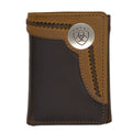Brown leather wallet with Ariat logo on a white background