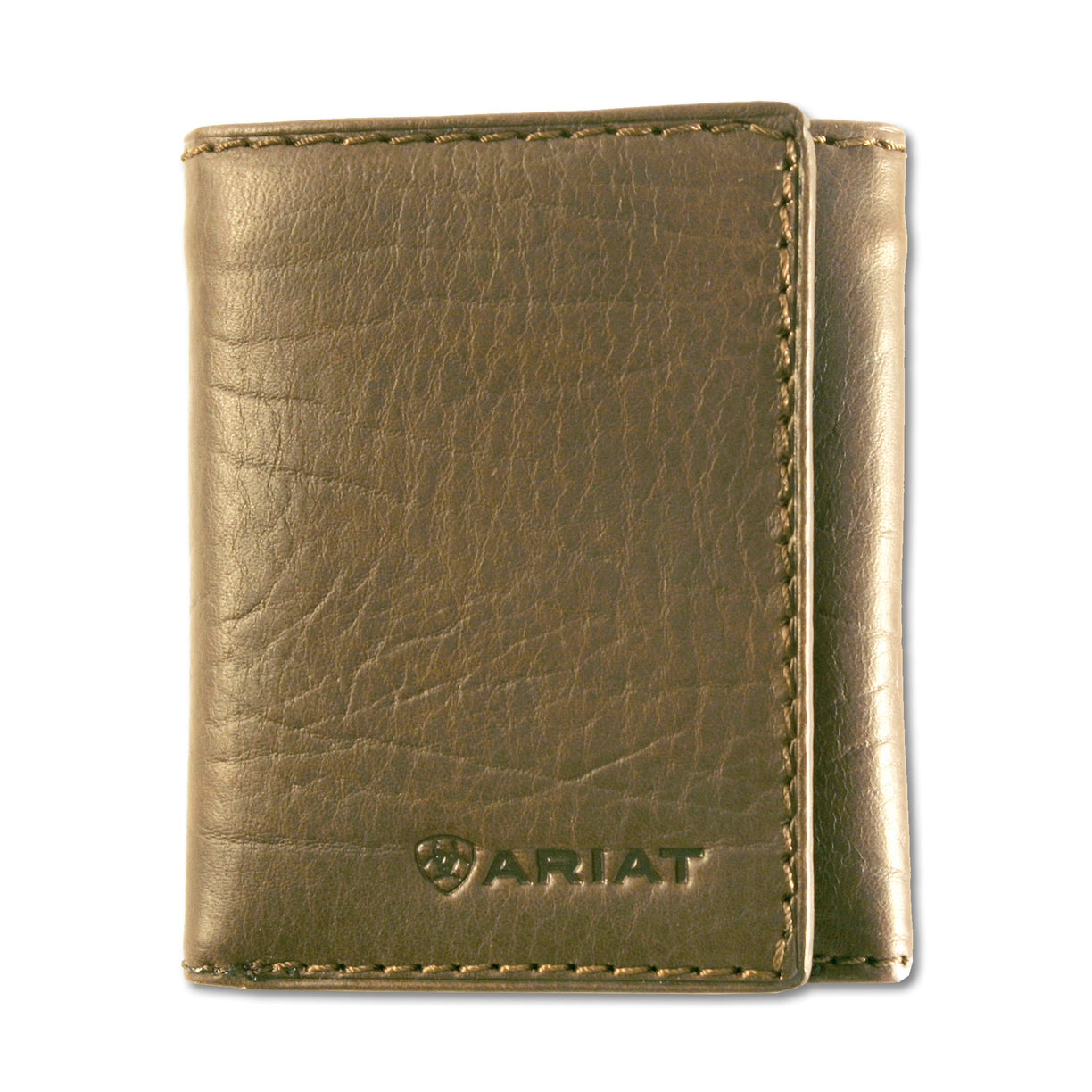 Brown leather wallet with Ariat logo on a white background