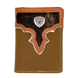 Brown leather wallet with wooden back and Ariat logo on a white background