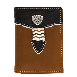Brown leather wallet with Ariat logo on a white background