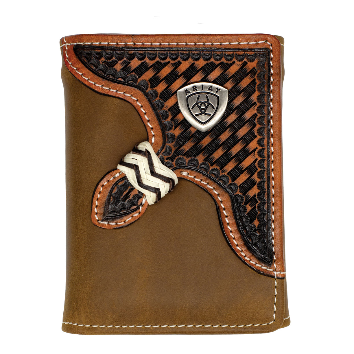 Brown leather wallet with decorative flap and ARIAT logo on a white 