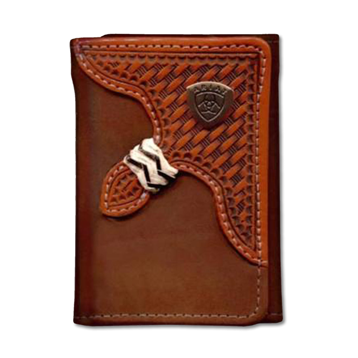 Brown leather wallet with decorative flap and ARIAT logo on a white background