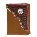 Brown leather wallet with intricate stitching and a brand logo on a white background