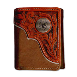 Brown leather wallet with intricate designs and Ariat logo on a white background