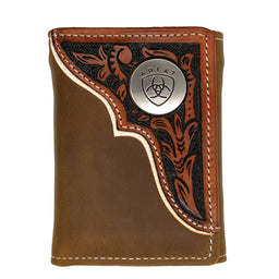 Brown leather wallet with intricate designs and Ariat logo on a white background