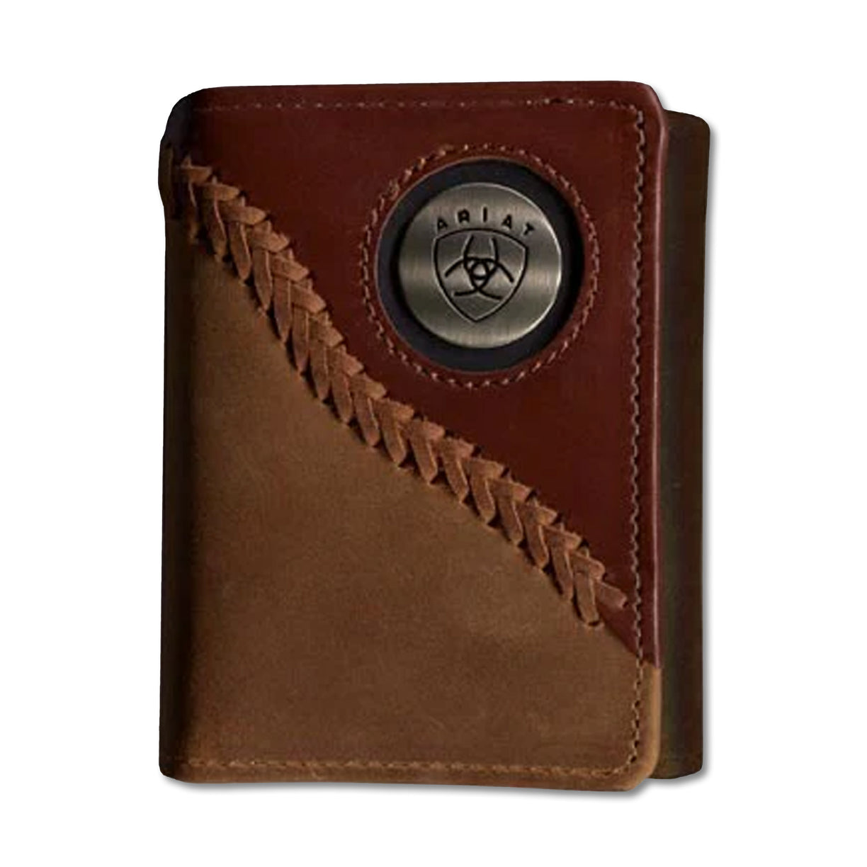 Brown leather wallet with Ariat logo on a white background