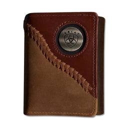Brown leather wallet with Ariat logo on a white background