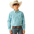 Child wearing a blue checkered shirt, jeans, and a cowboy hat on a white background