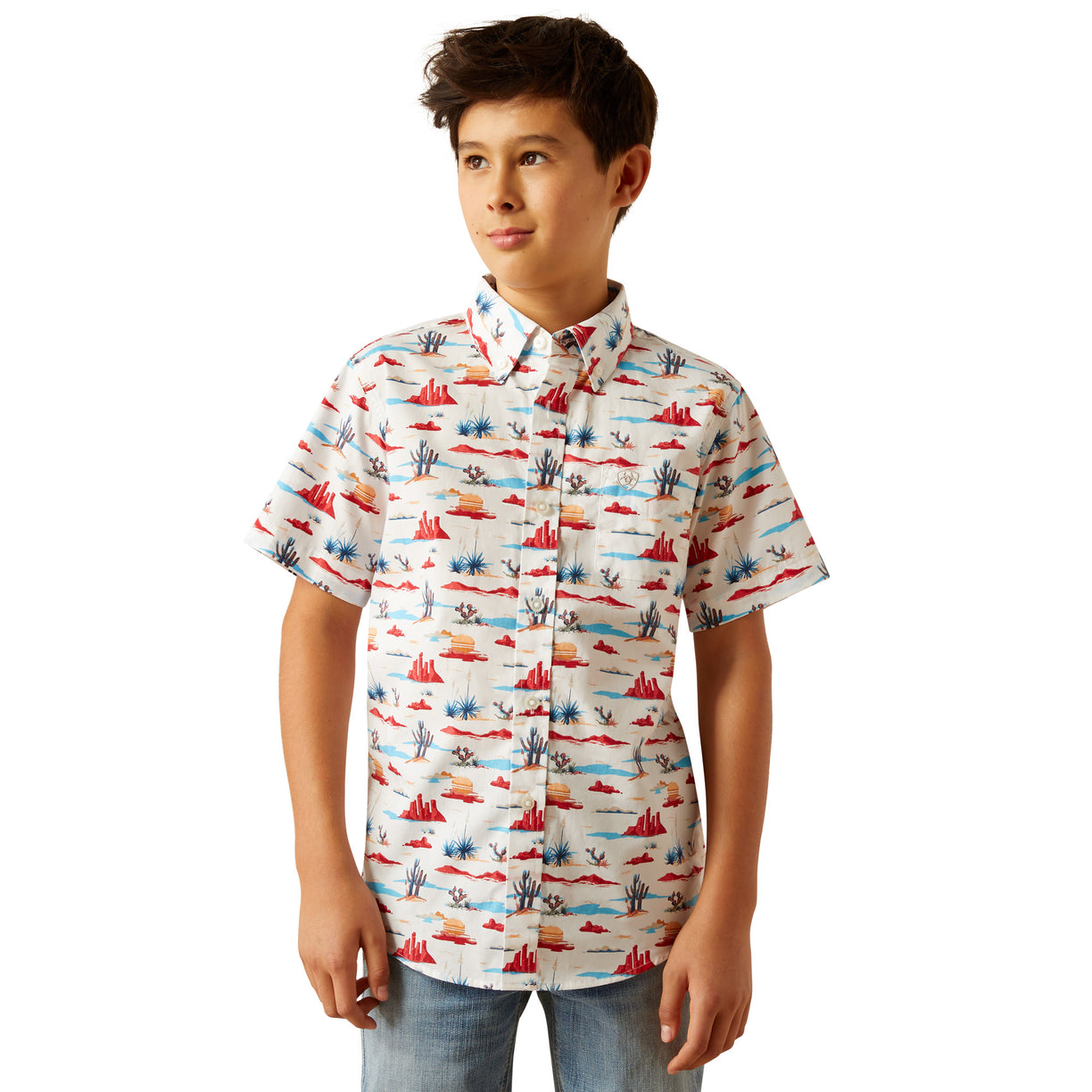 Child wearing a colorful patterned shirt on a white background