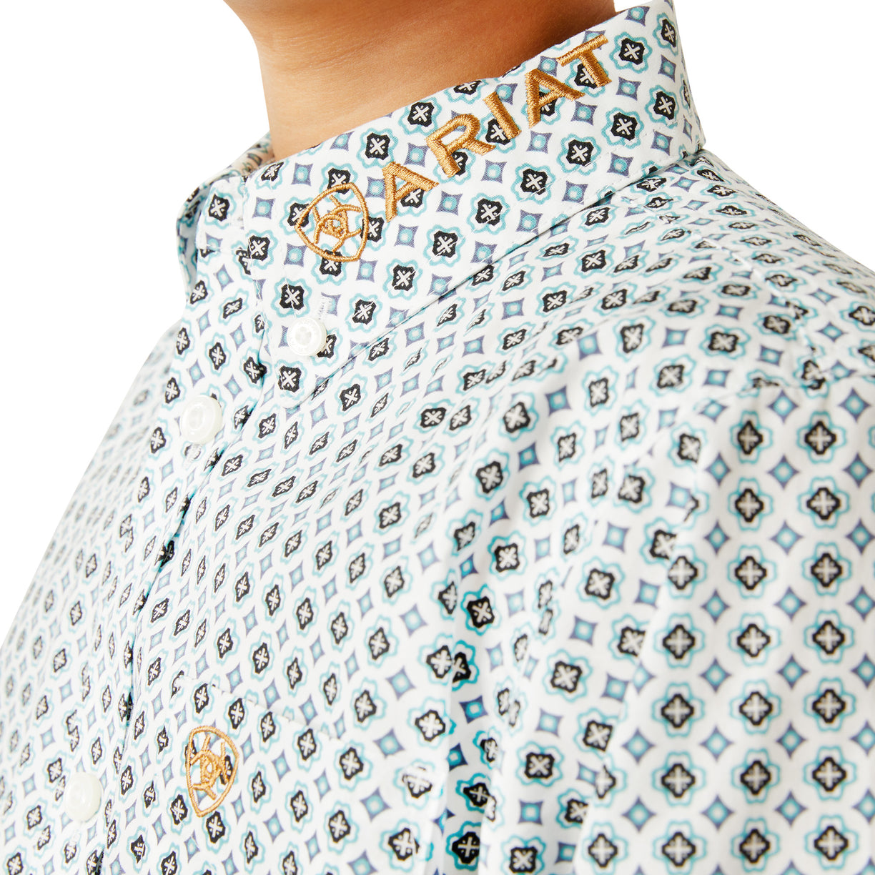 Patterned shirt with brand logo on a white background