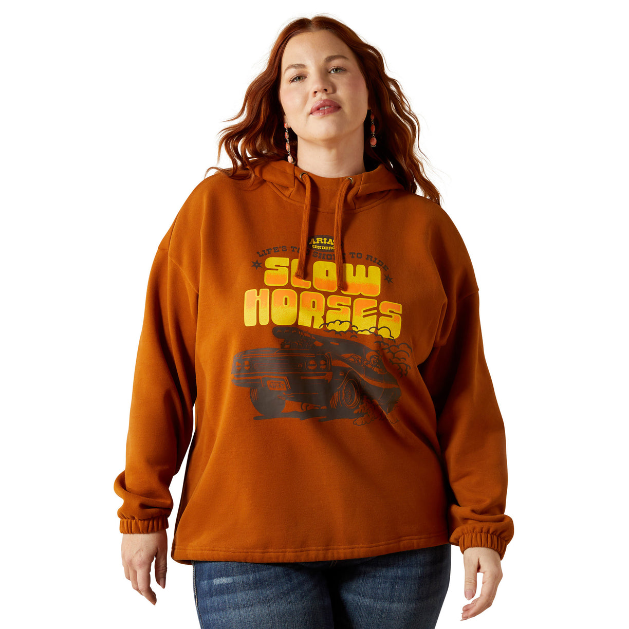 Person wearing a brown hoodie with 'Slow Horses' text and graphic on a white background