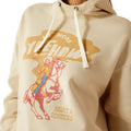 Beige hoodie with graphic design of a person on a horse and text.