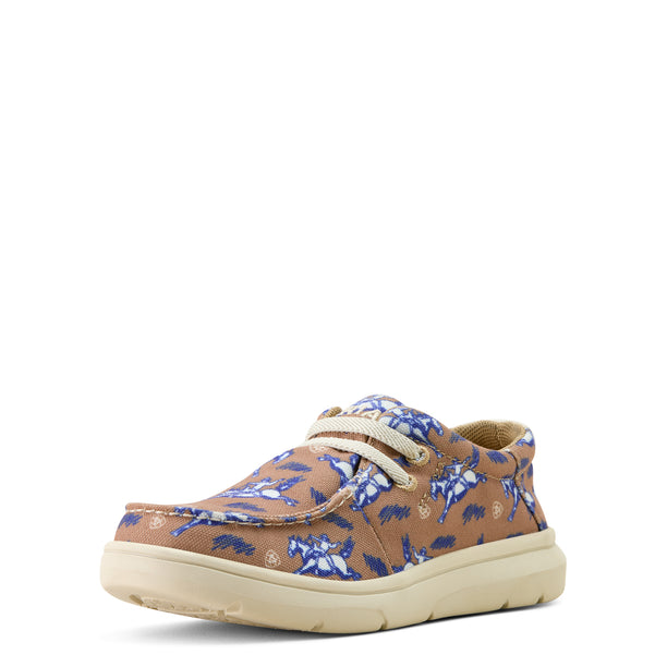 Brown shoe with blue floral pattern on a white background