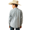 Child wearing a plaid shirt and cowboy hat on a white background