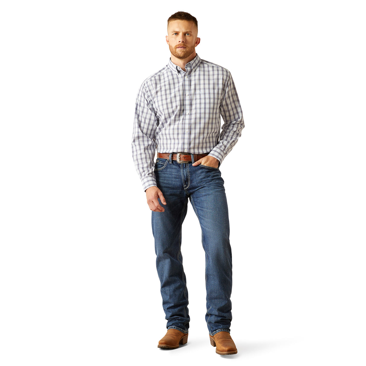 Man wearing a checkered shirt, jeans, and brown shoes on a white background