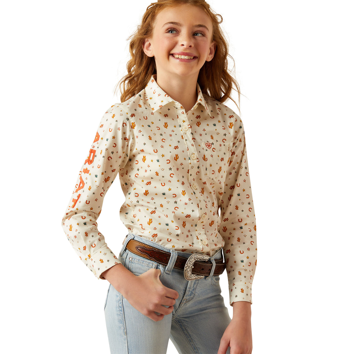 Young girl wearing a patterned shirt and jeans on a white background