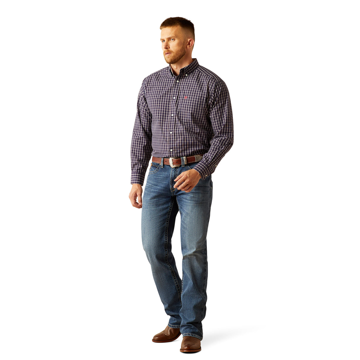 Man wearing a checkered shirt and jeans on a white background