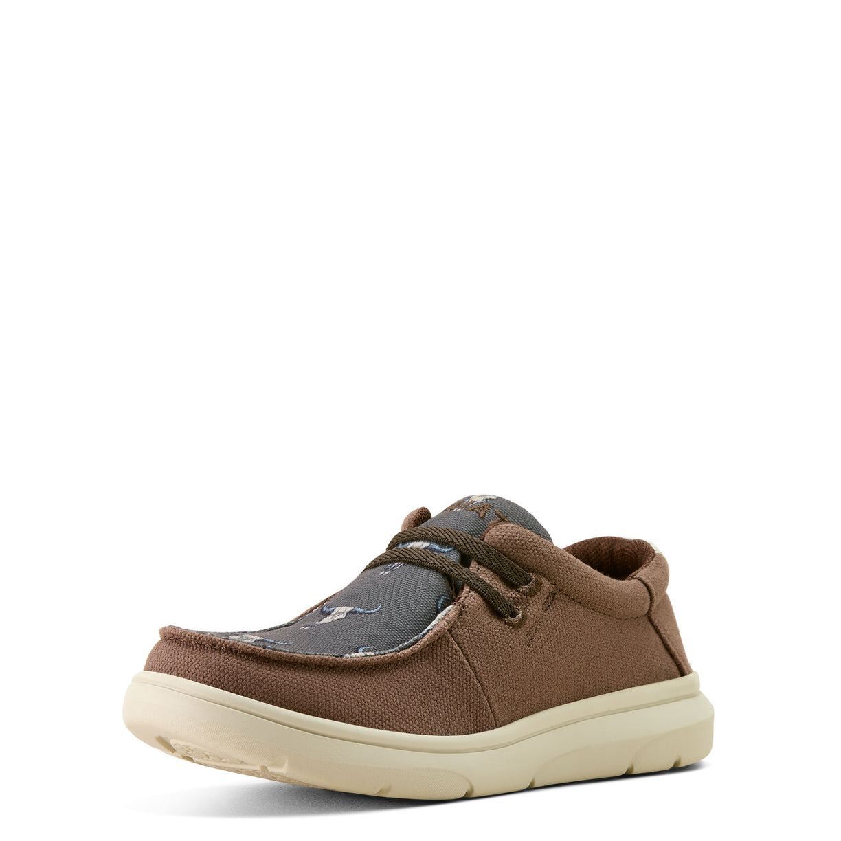 Brown children's shoe with a white sole on a white background