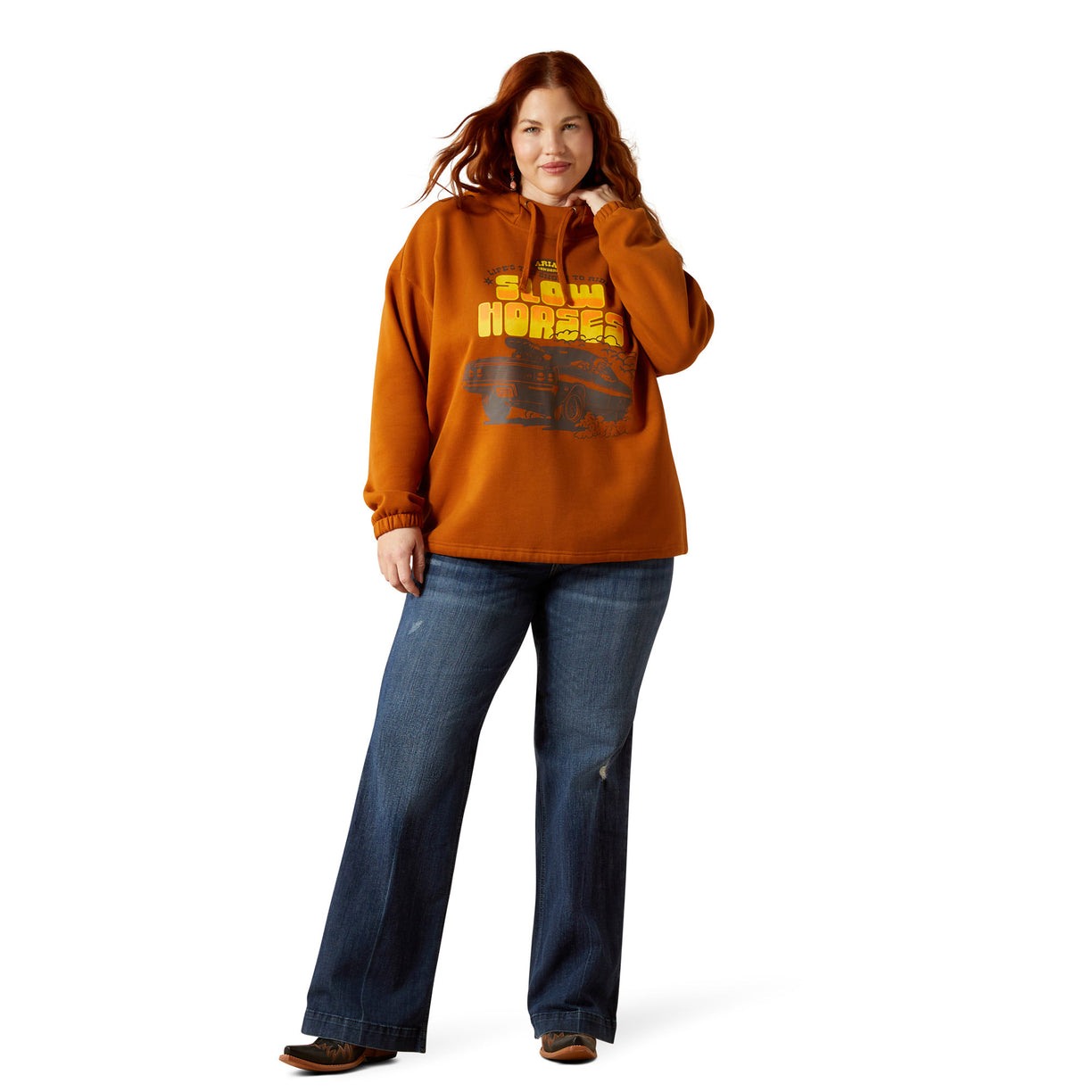 Woman wearing a brown hoodie with text and graphics on a white background