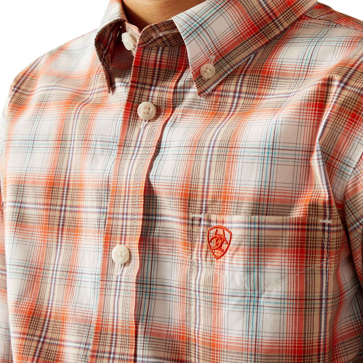 Plaid shirt with a brand logo on a white background