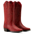 Red cowboy boot with intricate stitching on a white background