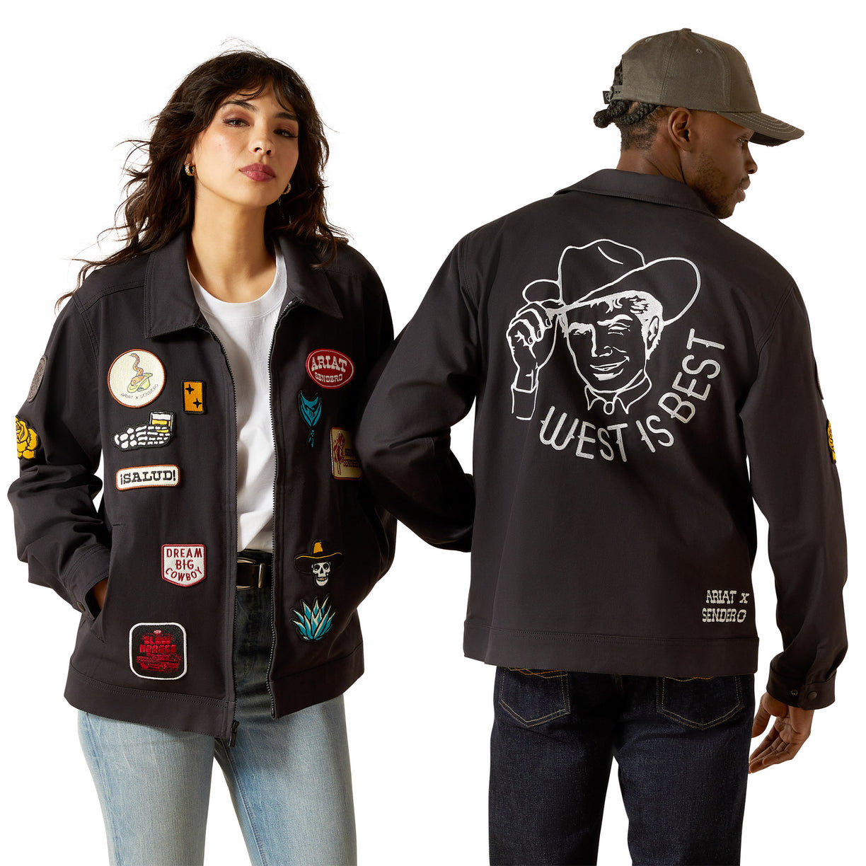 Two people wearing black jackets with patches and a design on the back, on a white background.