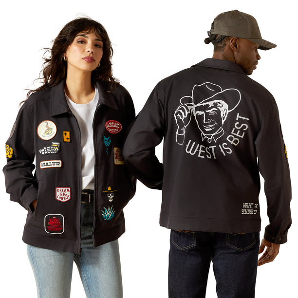 Two people wearing black jackets with patches and a design on the back, on a white background.