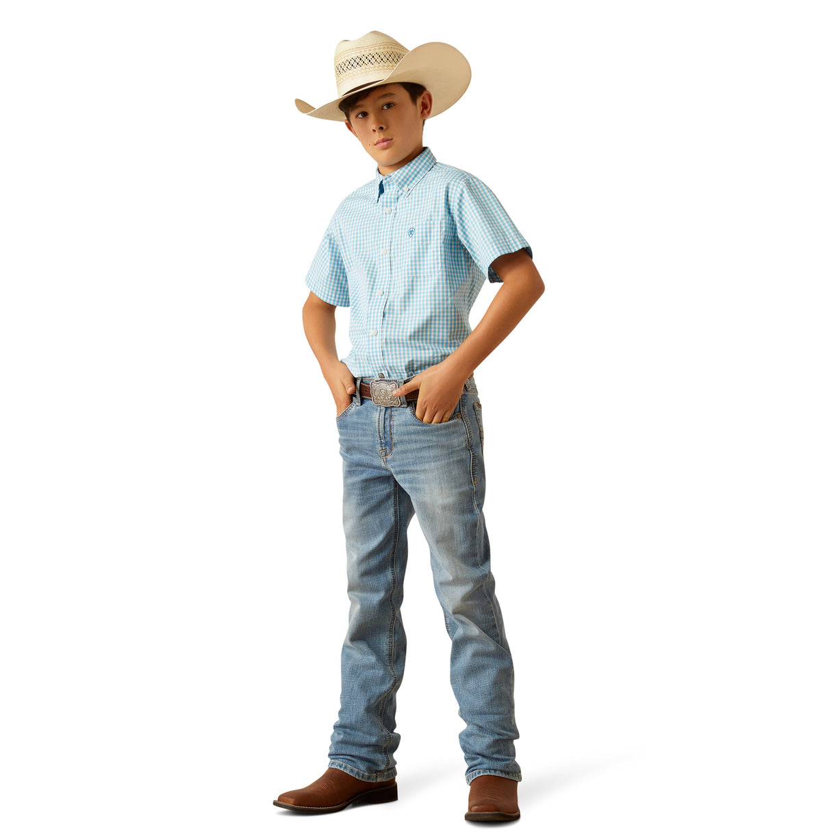Person wearing a light blue checkered shirt, jeans, and a cowboy hat on a white background