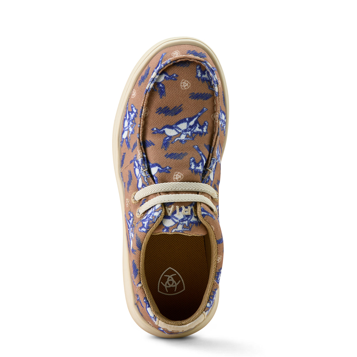 Brown shoe with blue floral pattern on a white background