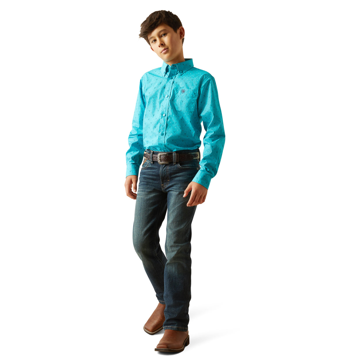 Person wearing a turquoise shirt and blue jeans on a white background