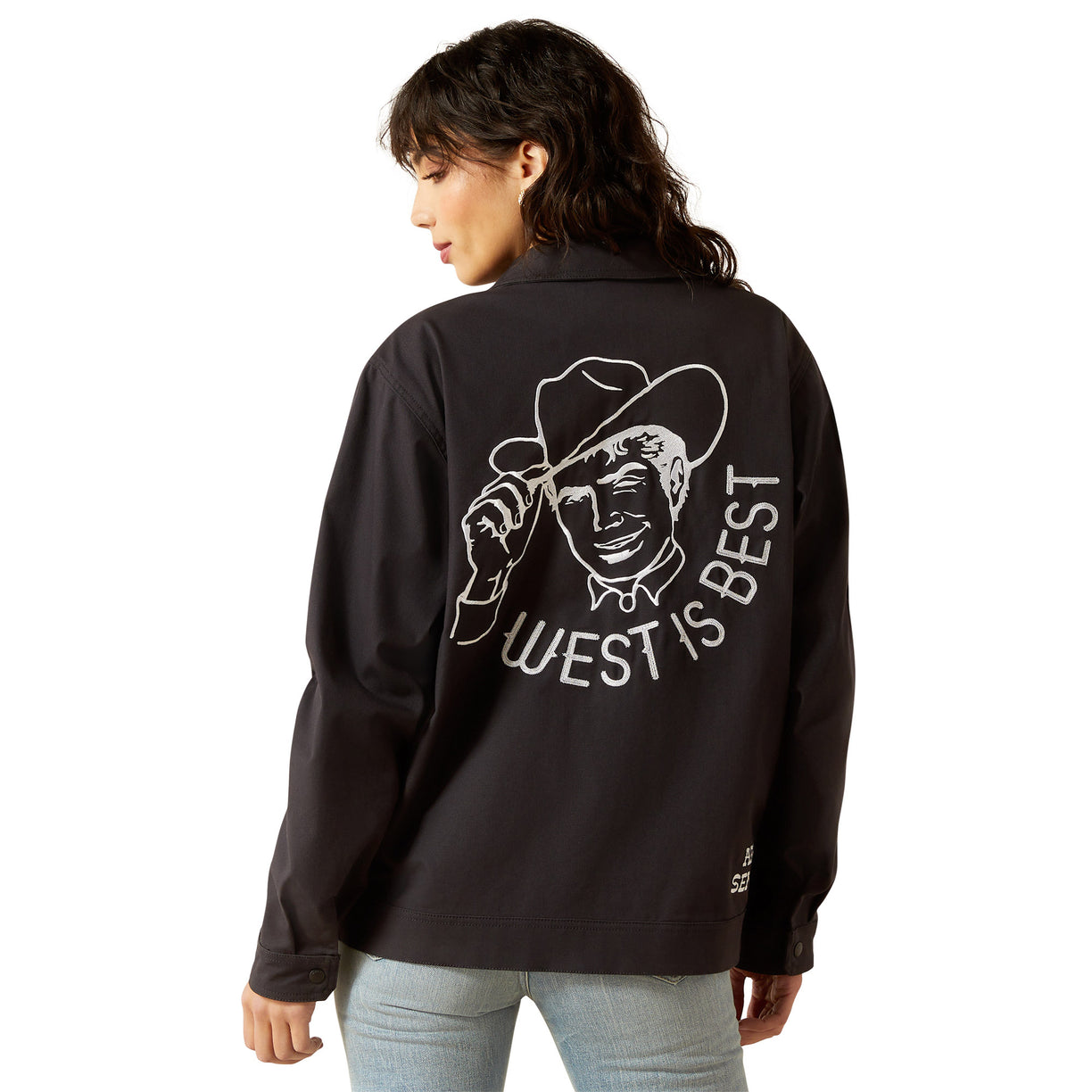 Person wearing a black sweatshirt with a graphic and text on the back, on a white background