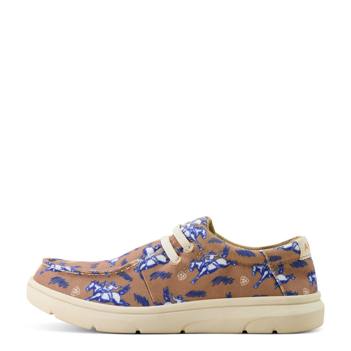 Brown shoe with blue floral pattern on a white background