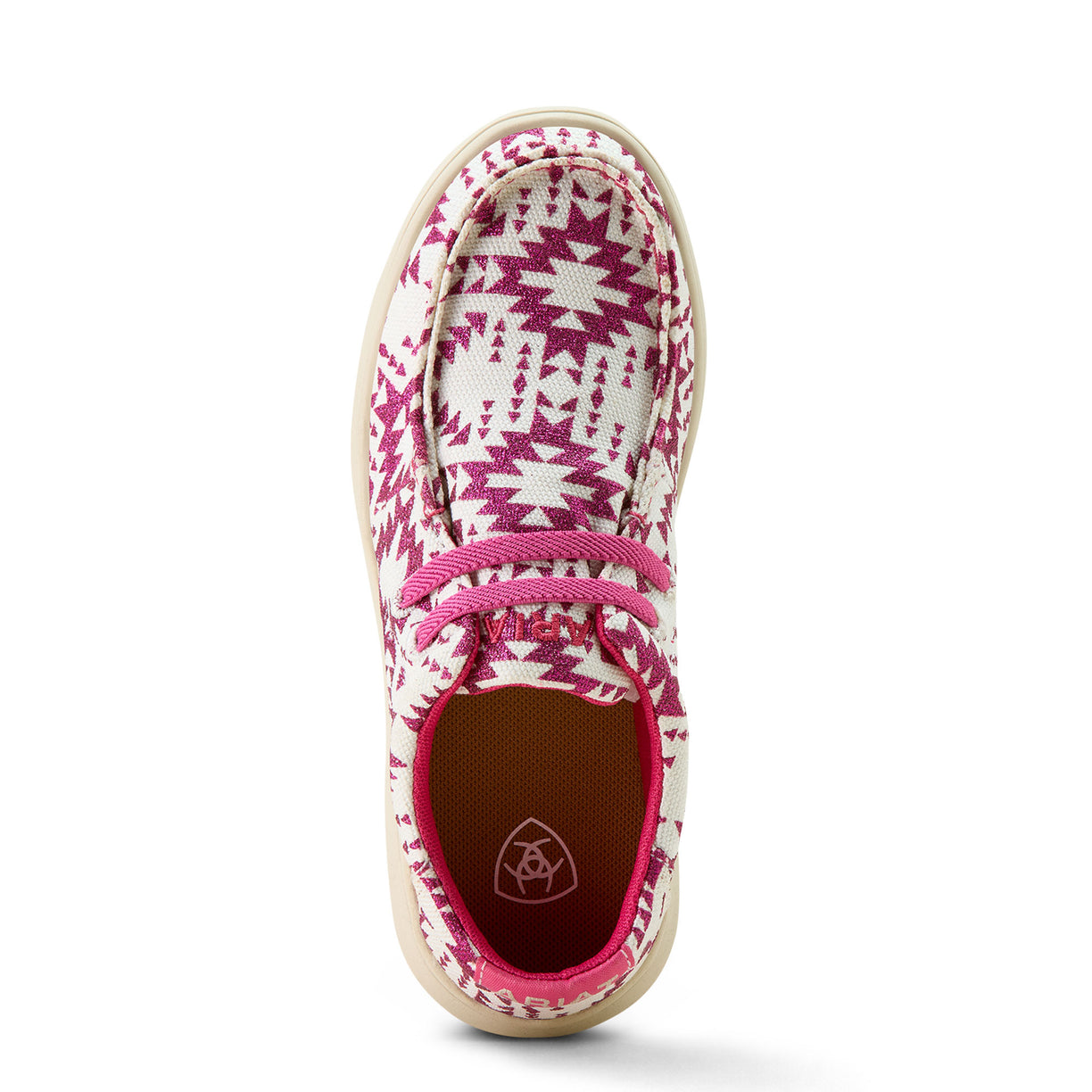 Pink and white patterned sneaker on a white background