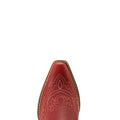 Red cowboy boot with intricate stitching on a white background