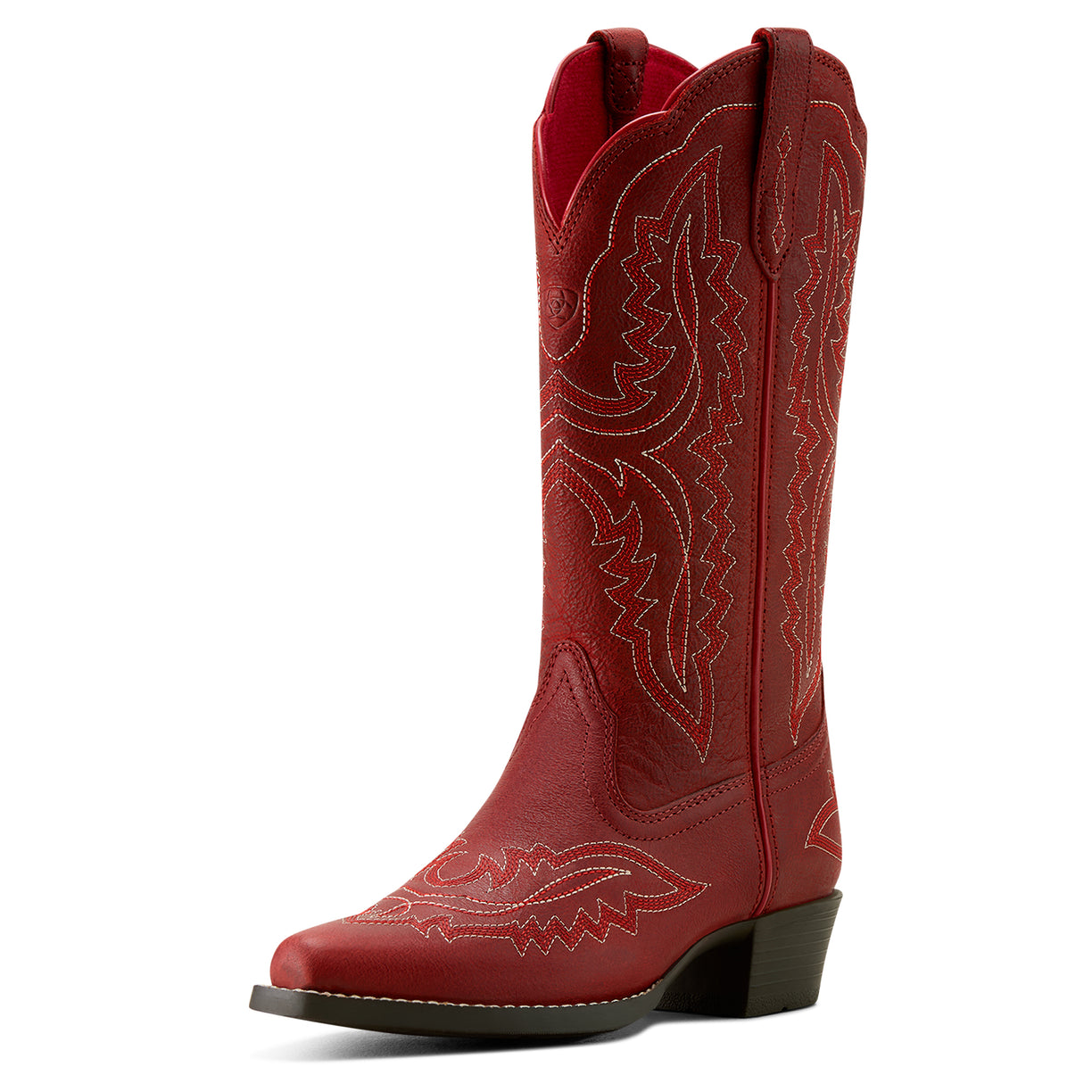 Red cowboy boot with intricate stitching on a white background