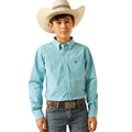 Child wearing a blue checkered shirt, jeans, and a cowboy hat on a white background