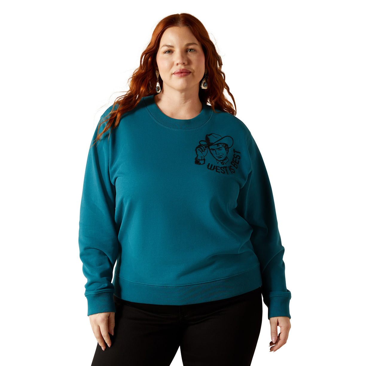 Woman wearing a teal sweatshirt with a logo on a white background