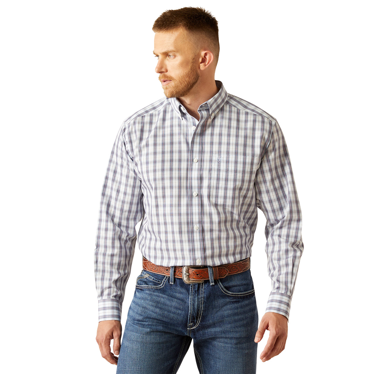 Man wearing a checkered shirt and jeans on a white background