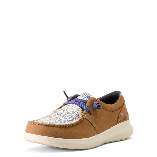 Brown shoe with colorful pattern and purple laces on a white background