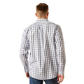 Man wearing a checkered shirt from behind on a white background
