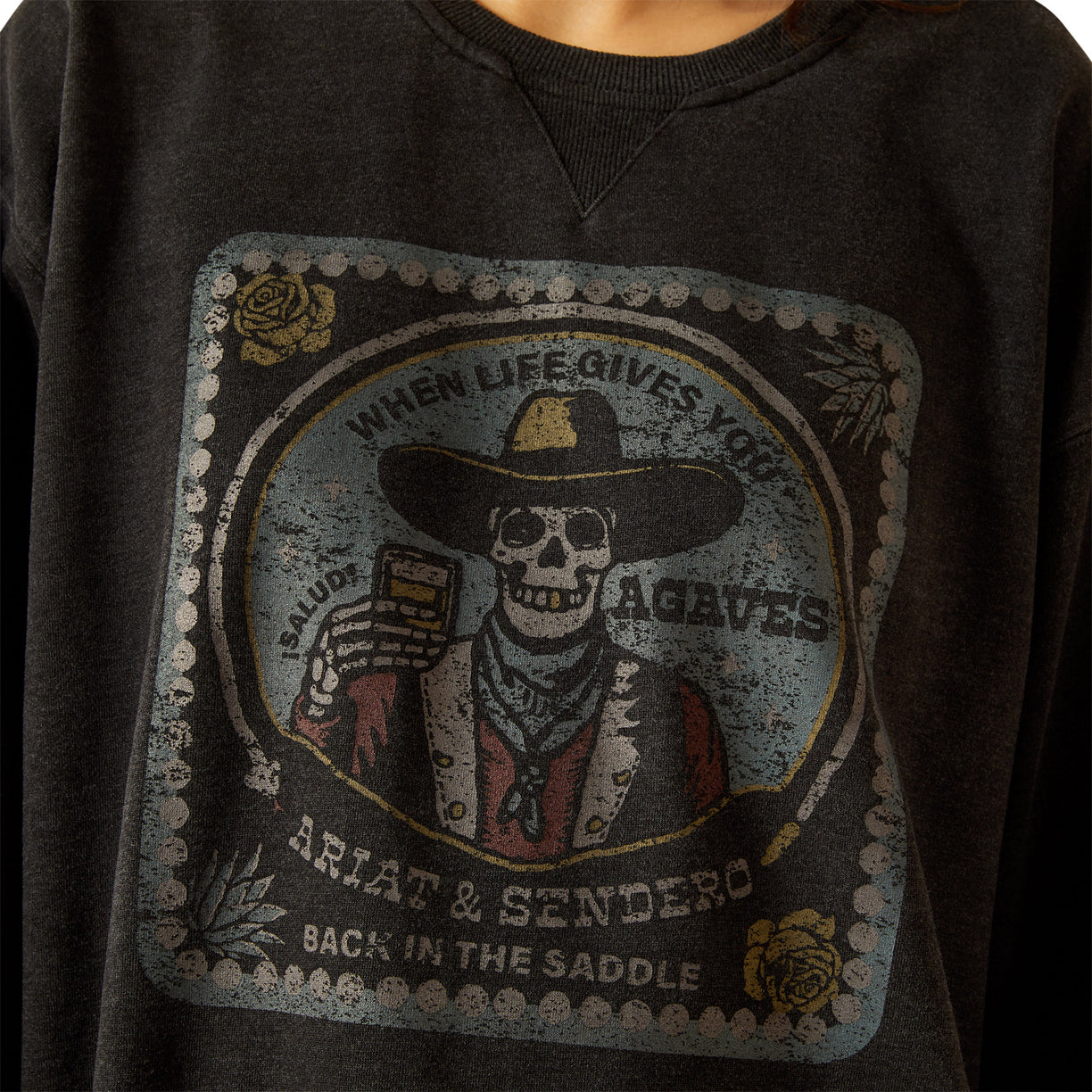 Dark gray hoodie with a graphic design featuring a skeleton in a cowboy hat and bandana, holding a bottle of tequila.