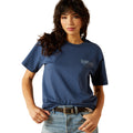 Woman wearing a blue t-shirt with a logo on a white background