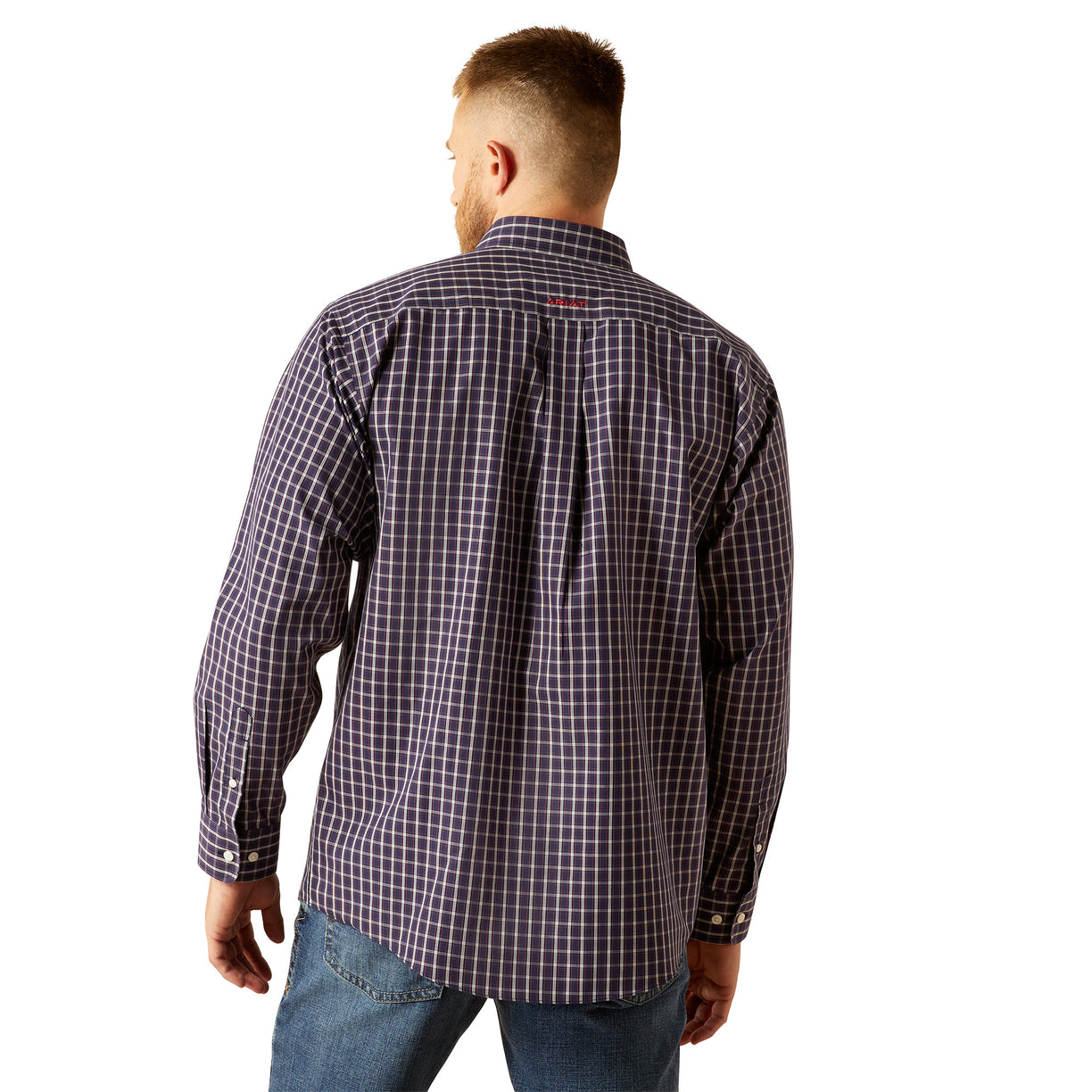 Man wearing a plaid shirt on a white background