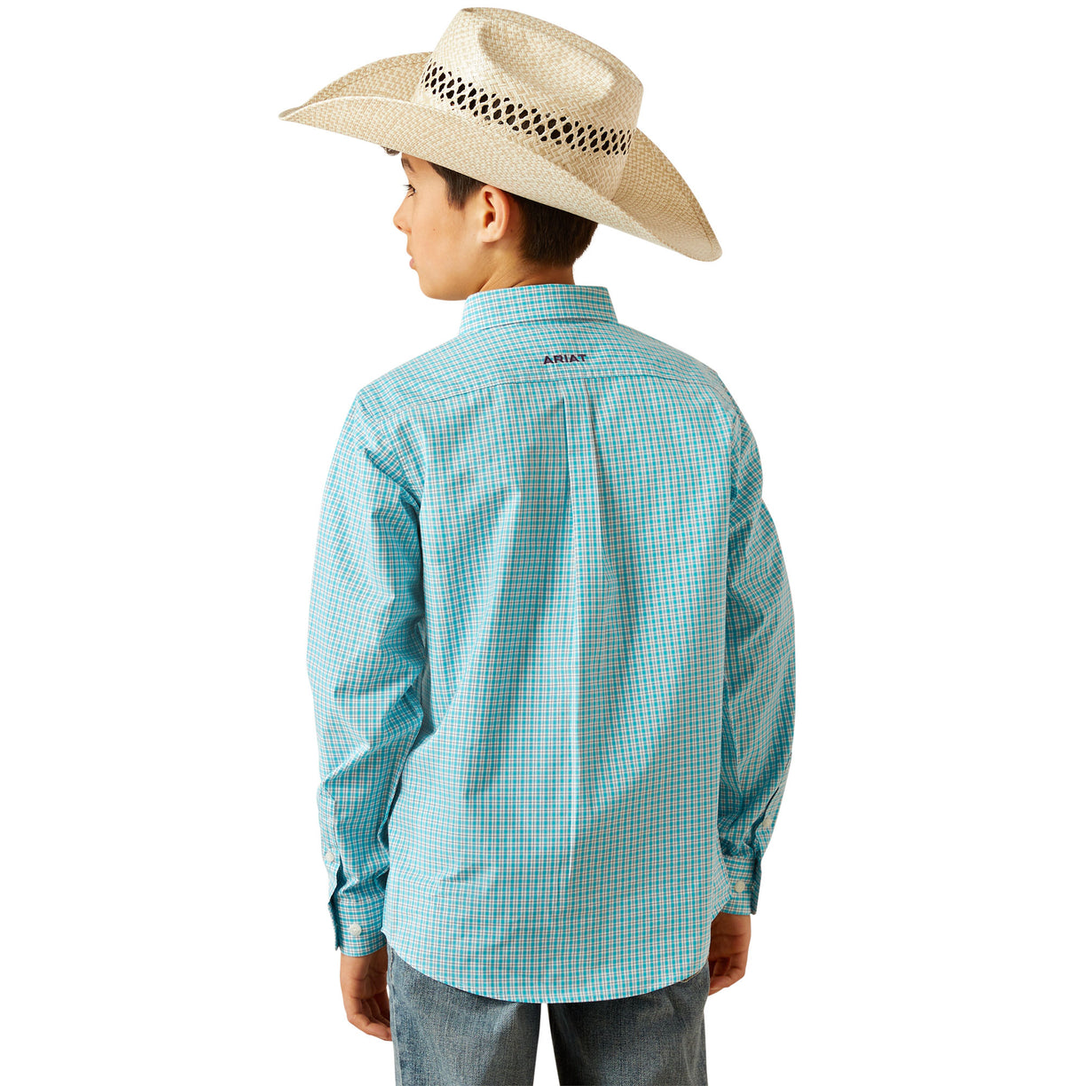 Child wearing a blue checkered shirt and cowboy hat on a white background