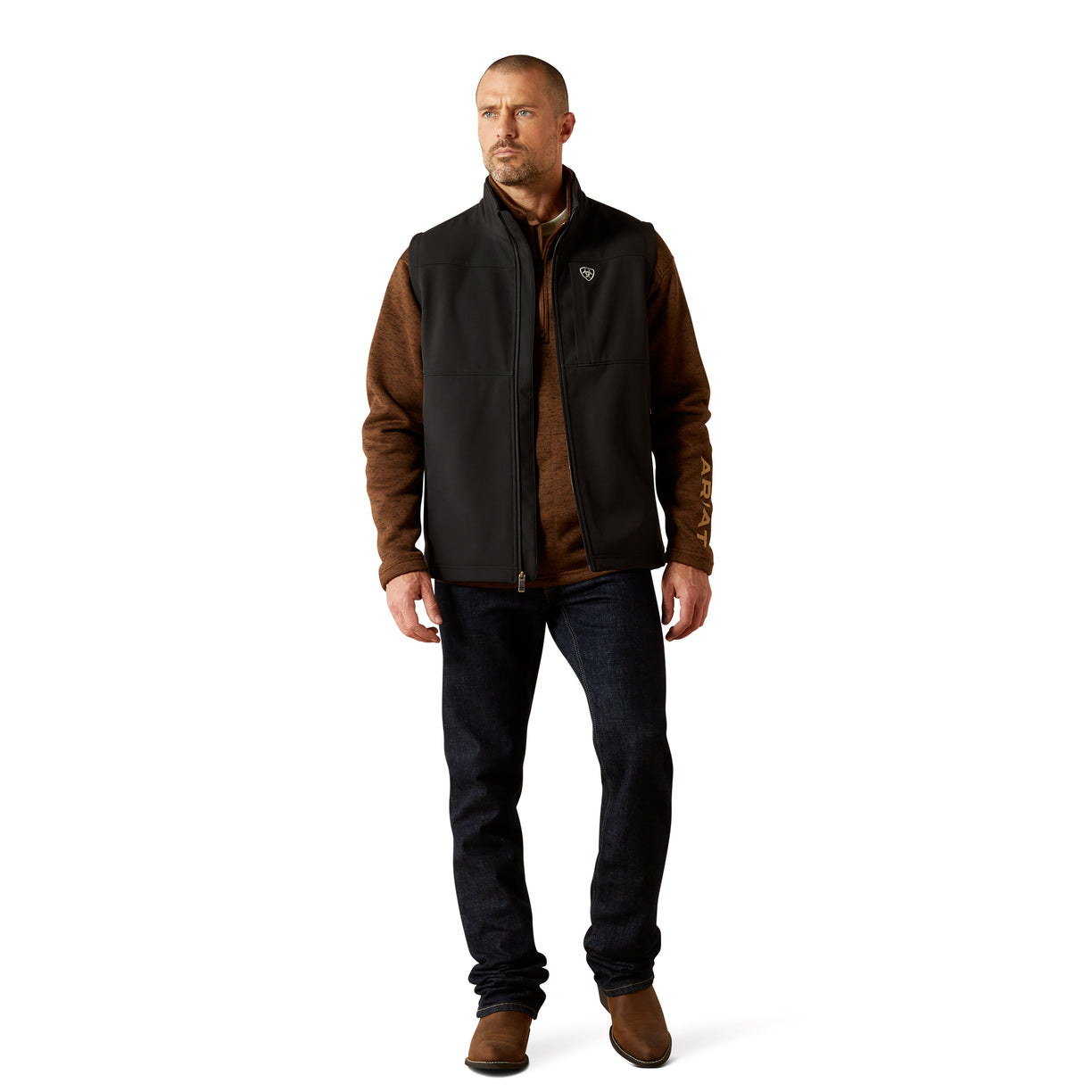 Man wearing a black and brown jacket with a white background