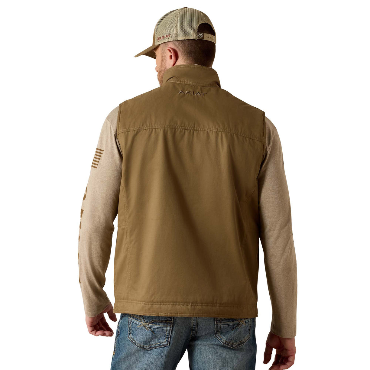Man wearing a brown jacket and cap on a white background