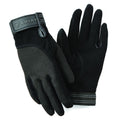 A pair of black equestrian gloves with synthetic suede palm and reinforced stress points, designed for riding and schooling.