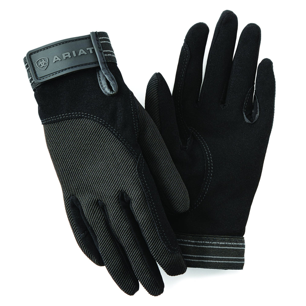 A pair of black equestrian gloves with synthetic suede palm and reinforced stress points, designed for riding and schooling.