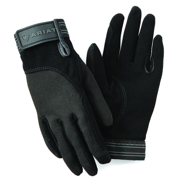 A pair of black equestrian gloves with synthetic suede palm and reinforced stress points, designed for riding and schooling.